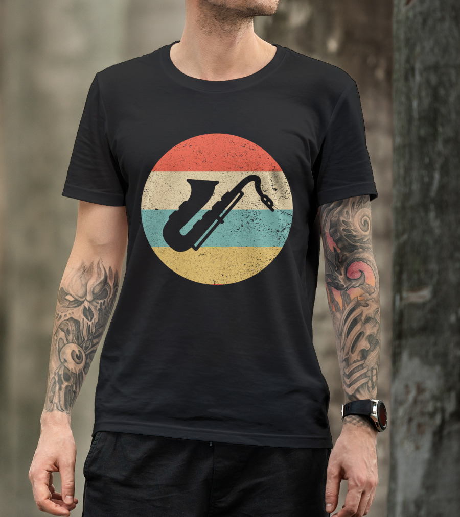 Retro Saxophone Circle Stripes Vintage T-Shirt