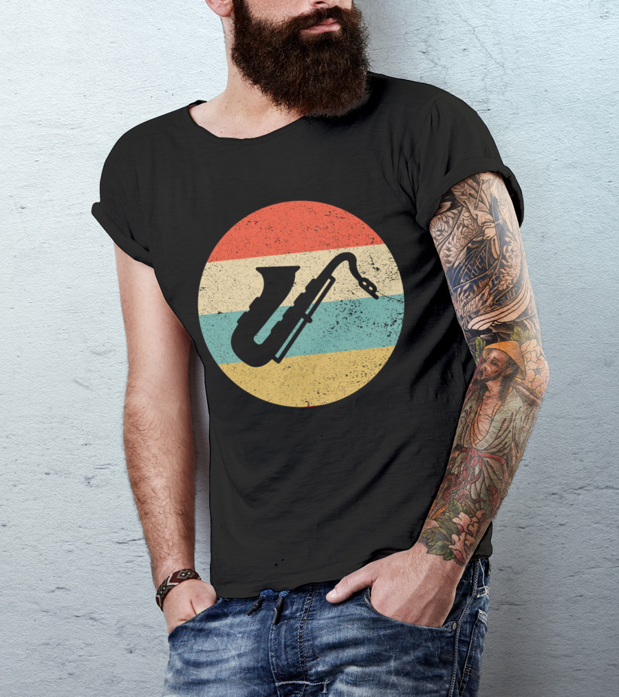 Retro Saxophone Circle Stripes Vintage T-Shirt