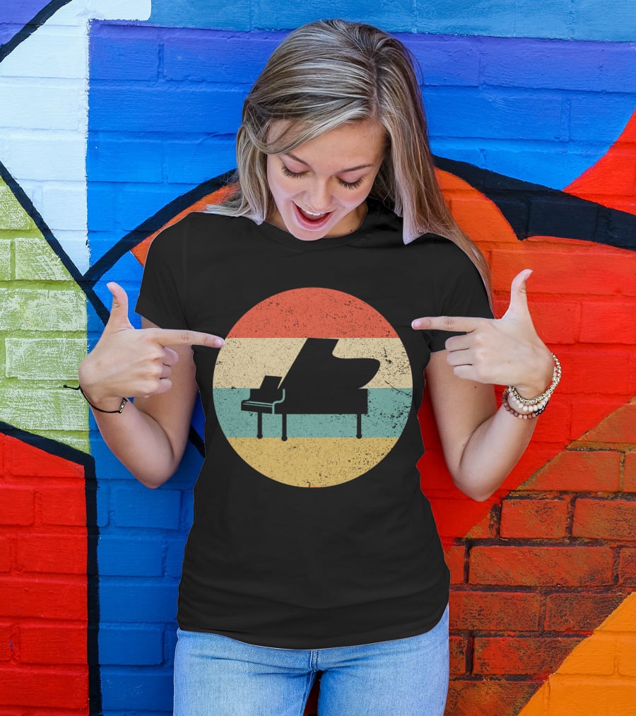 Vintage Retro Piano Silhouette With Stripes T-Shirt