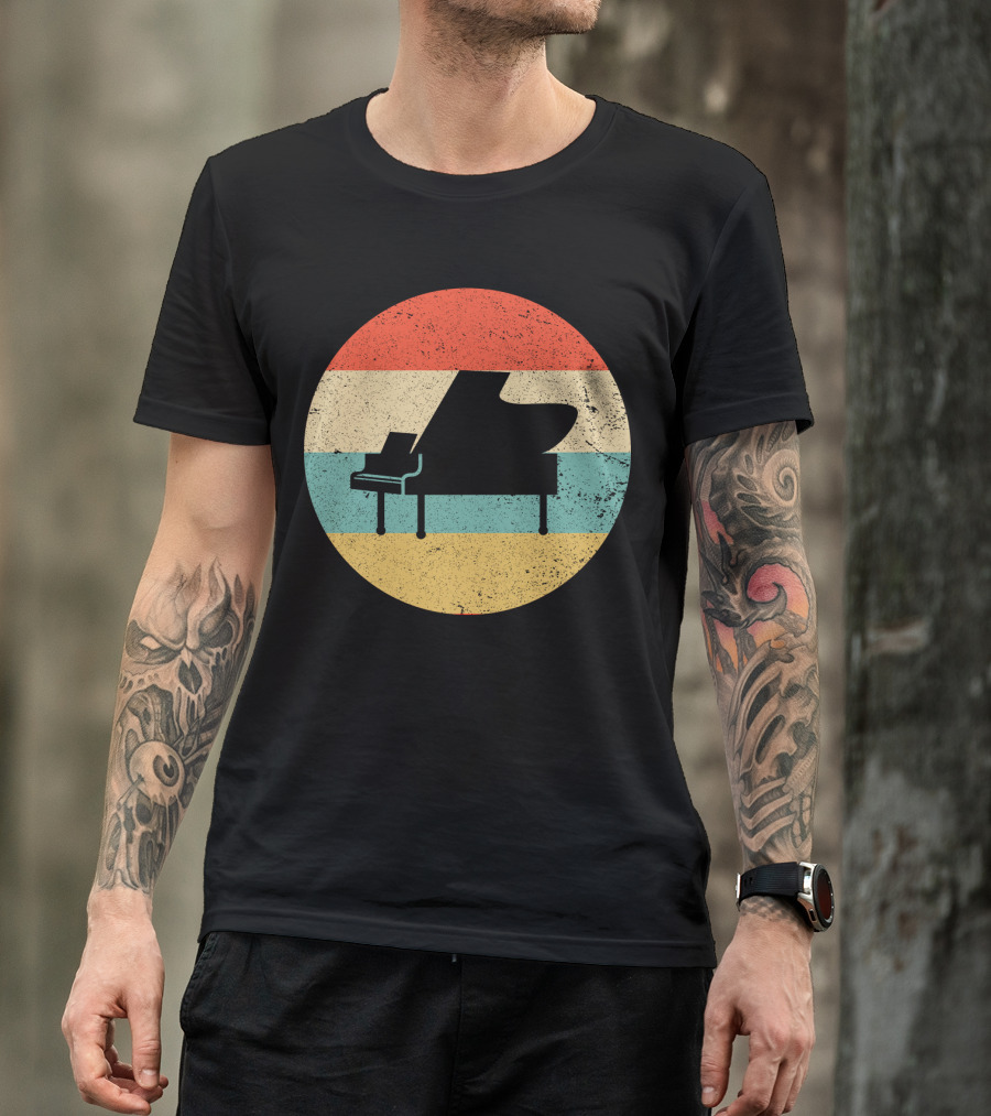 Vintage Retro Piano Silhouette With Stripes T-Shirt