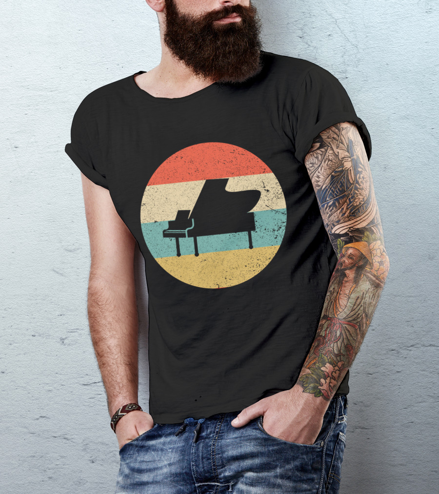Vintage Retro Piano Silhouette With Stripes T-Shirt