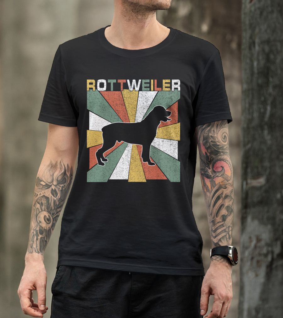 Rottweiler Dogs Retro 70s Vintage Silhouette Multicolor Stripes T-Shirt