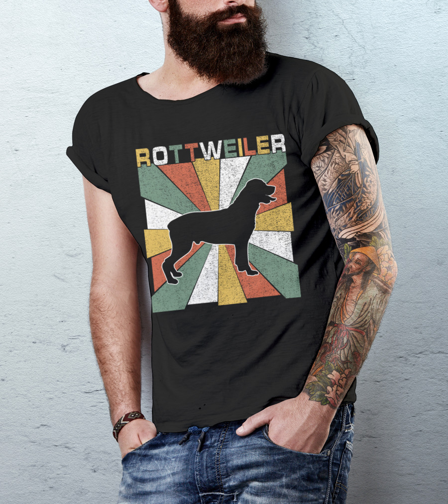 Rottweiler Dogs Retro 70s Vintage Silhouette Multicolor Stripes T-Shirt