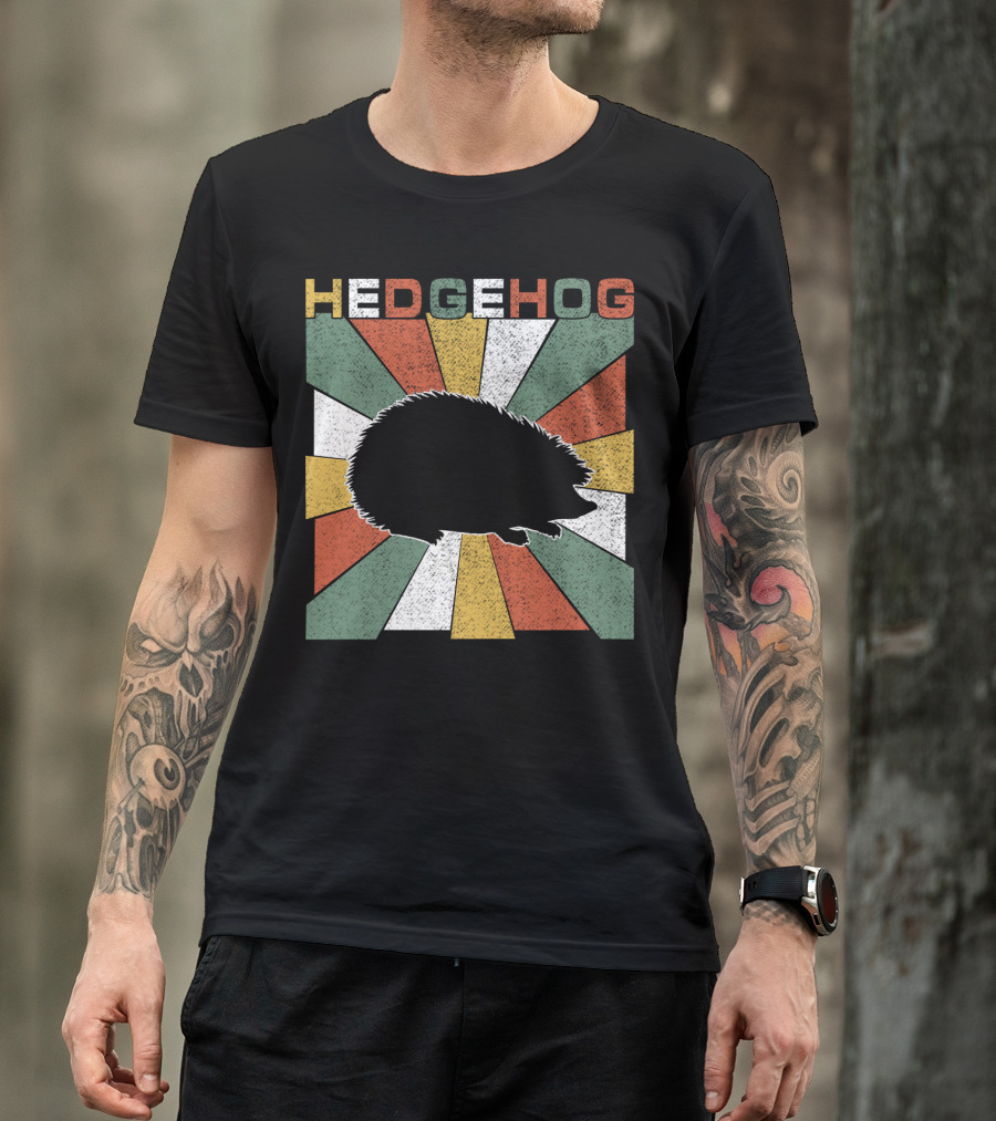 Hedgehog Retro 70s Silhouette Vintage Stripe Burst T-Shirt