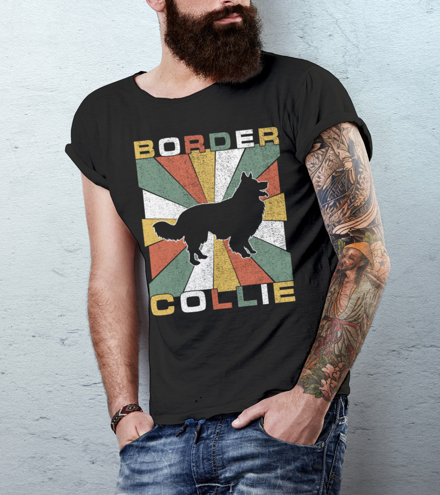 Border Collie Retro 70s Silhouette Radiant Stripes T-Shirt