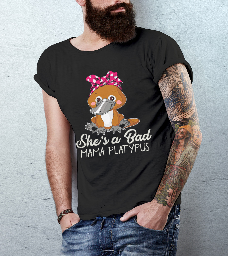 She's A Bad Mama Platypus Cute Cartoon Character With Pink Polka Dot Bow T-Shirt