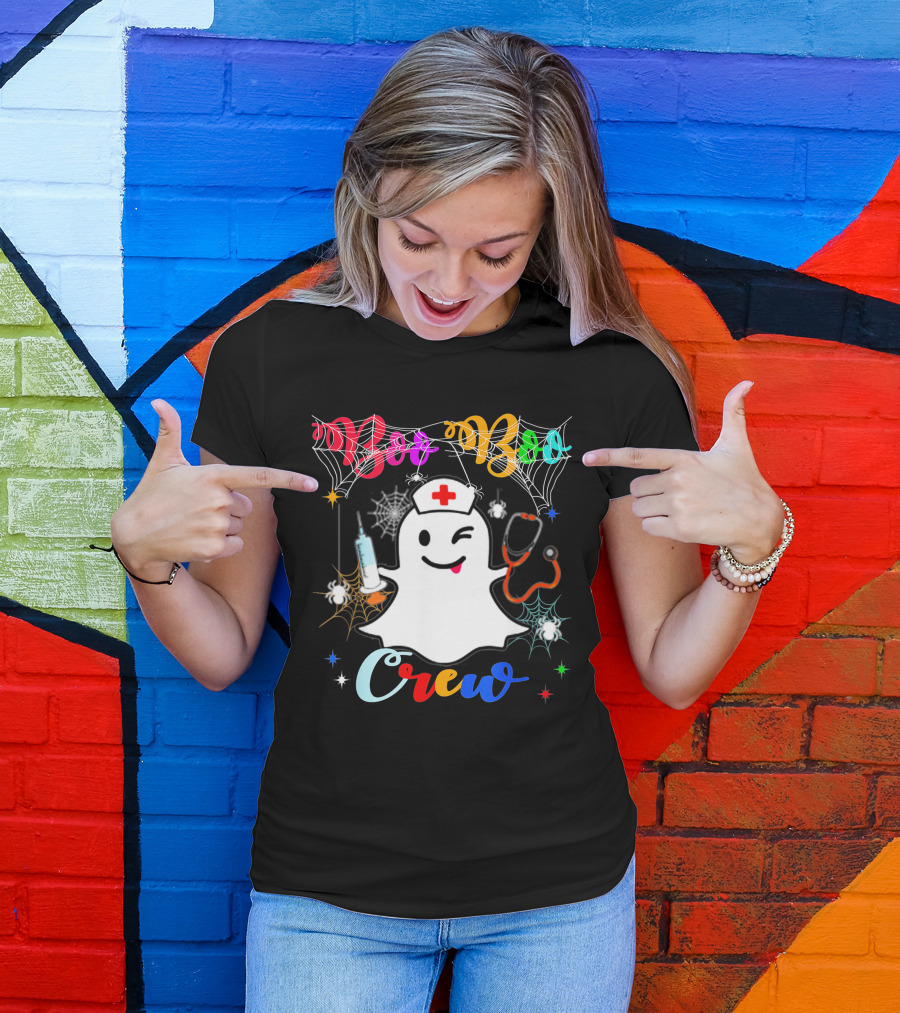Boo Boo Crew Ghost Nurse Winking With Stethoscope And Syringe Halloween Spider Webs T-Shirt