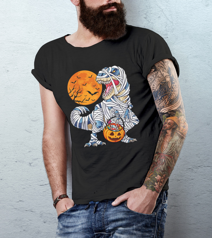 Halloween Dinosaur T-Rex Mummy Pumpkin Moon Bats T-Shirt