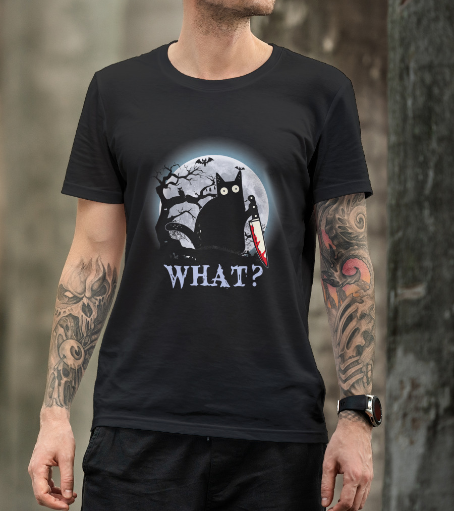 What? Black Cat With Knife Moon Halloween Scene T-Shirt