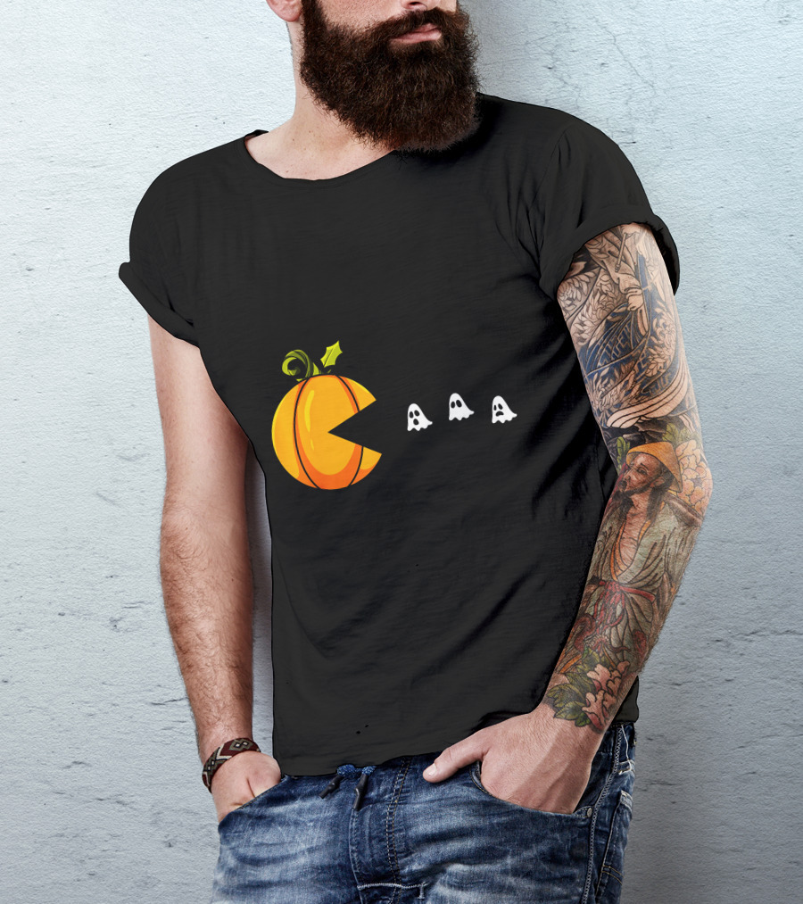 Pumpkin Pac-Man Chomping Ghosts Halloween T-Shirt