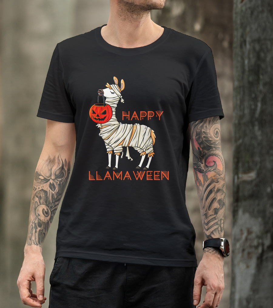Happy Llamaween Funny Halloween Mummy Llama With Pumpkin Girls T-Shirt