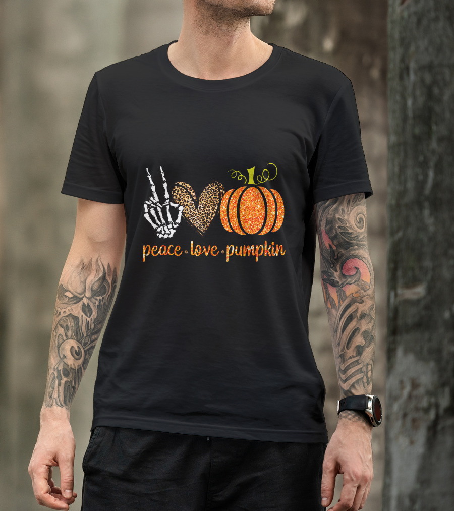Peace Love Pumpkin Halloween Fall Girls Skeleton Leopard Print T-Shirt