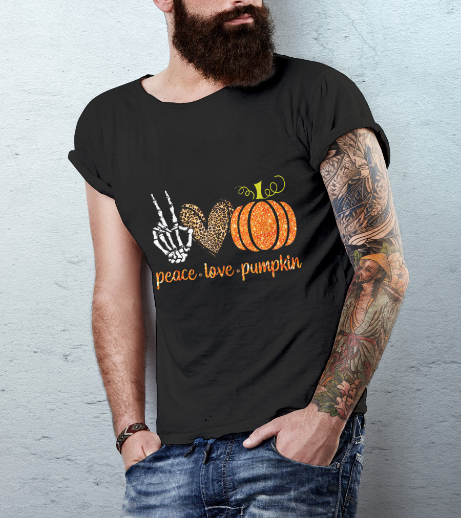 Peace Love Pumpkin Halloween Fall Girls Skeleton Leopard Print T-Shirt