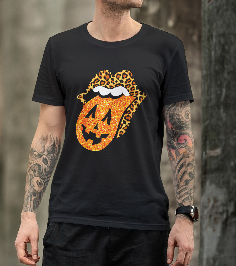 Leopard Lips Pumpkin Tongue Halloween Jack-O'-Lantern Face T-Shirt