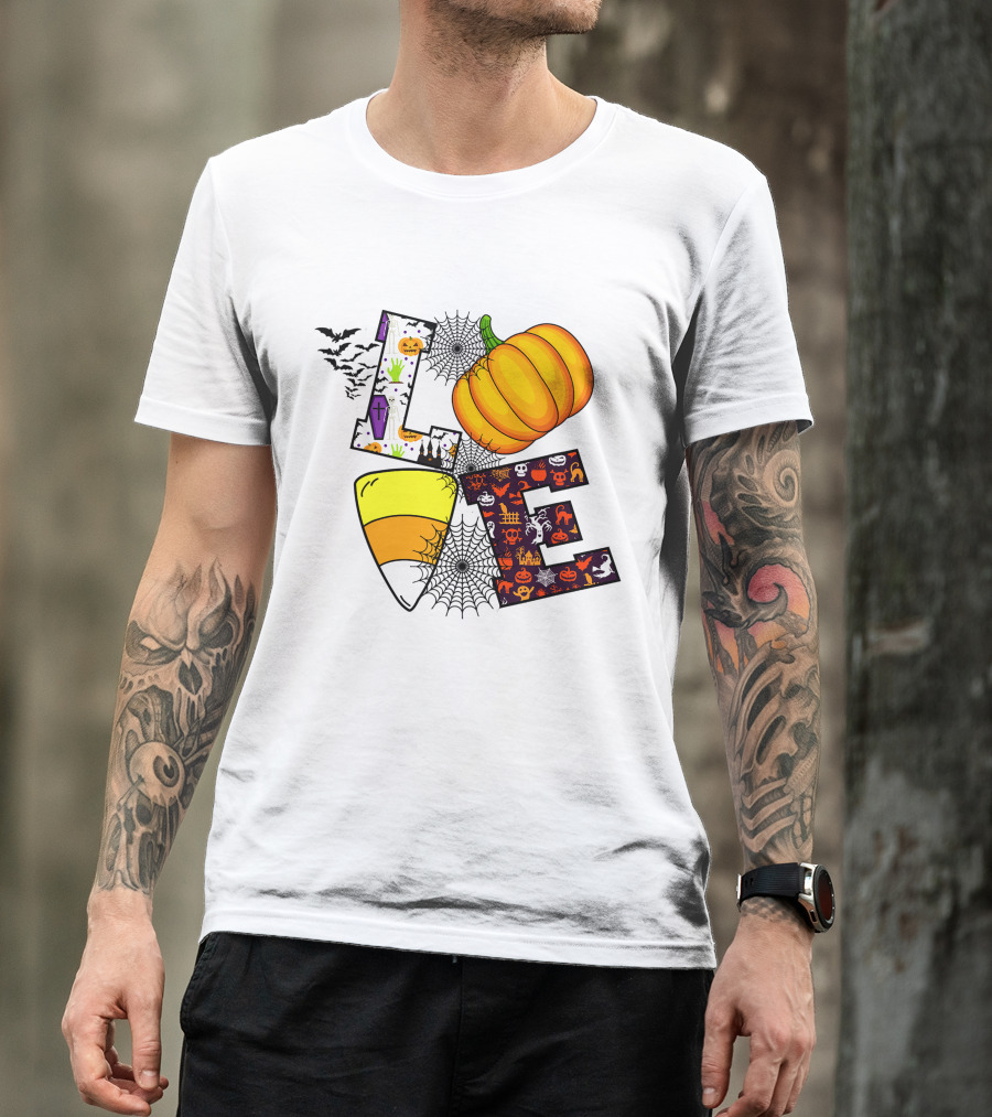 Love Pumpkin Candy Corn Halloween Spiderweb Bats Ghosts T-Shirt