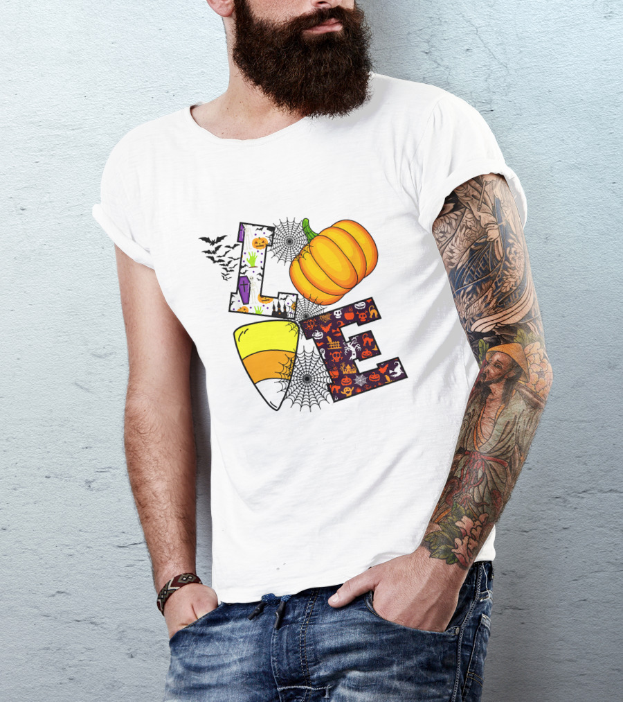 Love Pumpkin Candy Corn Halloween Spiderweb Bats Ghosts T-Shirt