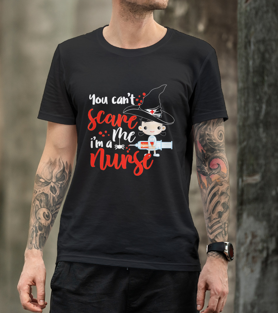 You Can't Scare Me I'm A Nurse Halloween Witch Hat Syringe T-Shirt
