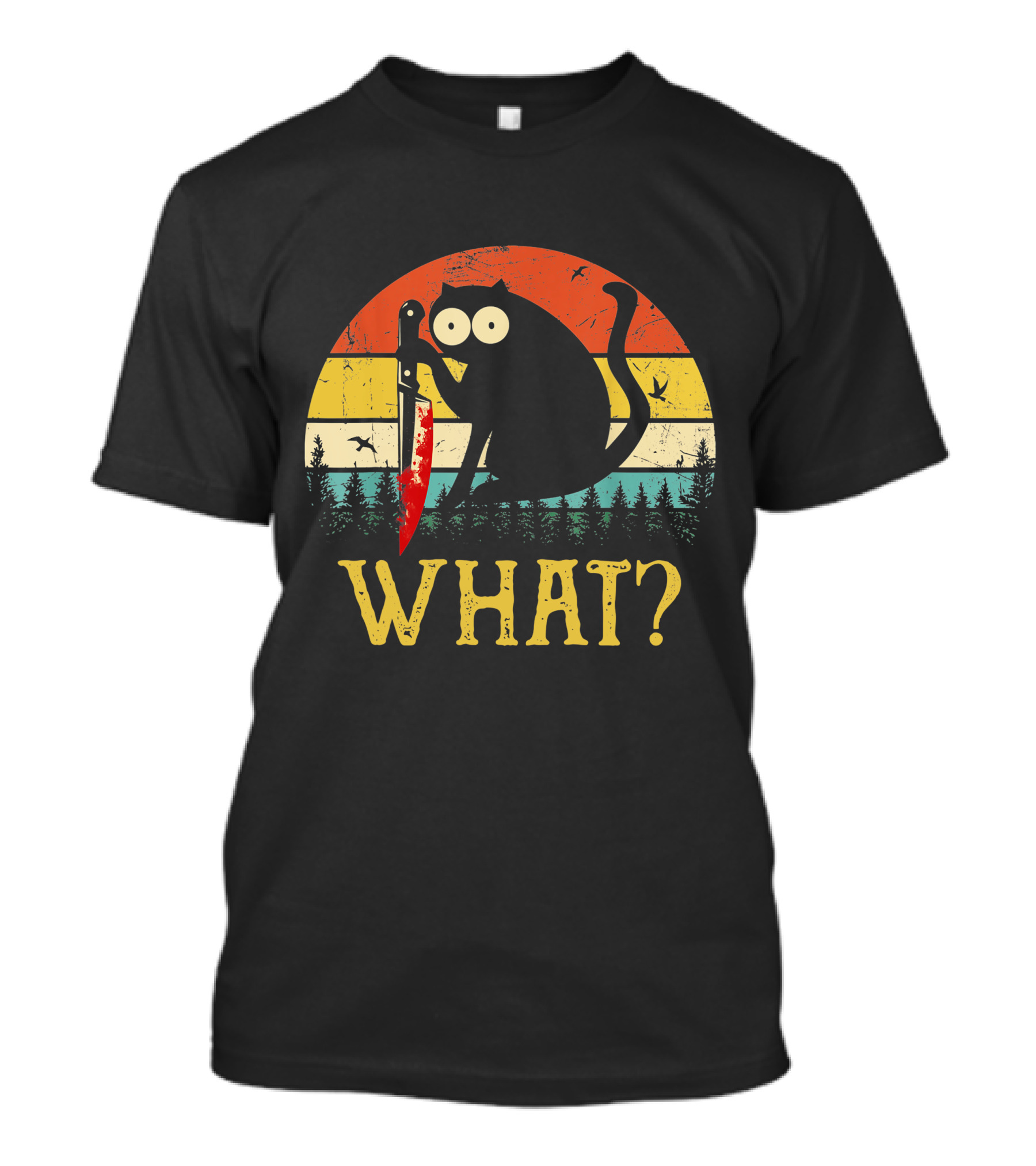 Black Cat What Retro Vintage Knife Sunset T-Shirt