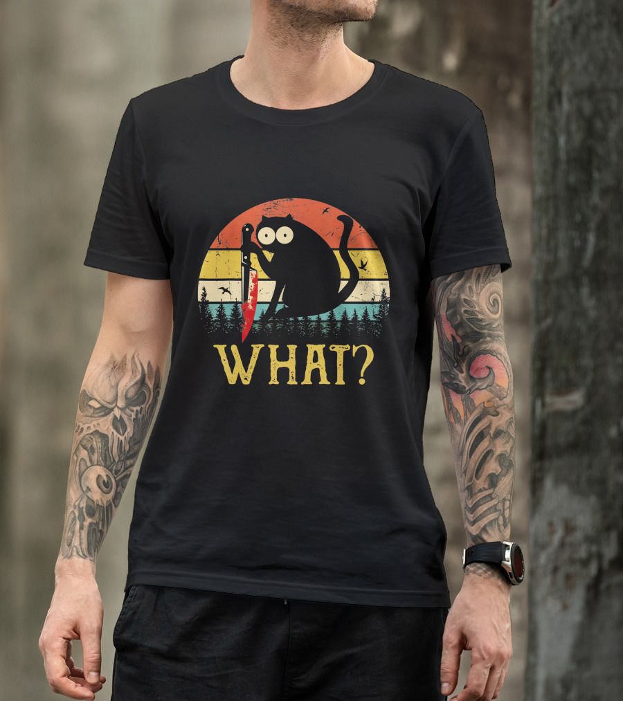 Black Cat What Retro Vintage Knife Sunset T-Shirt