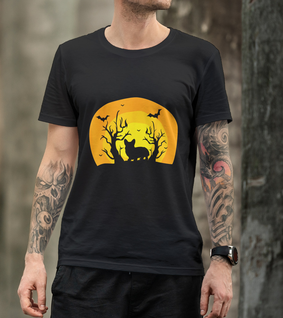 Corgi Dog Bat Halloween Silhouette With Moon And Trees T-Shirt