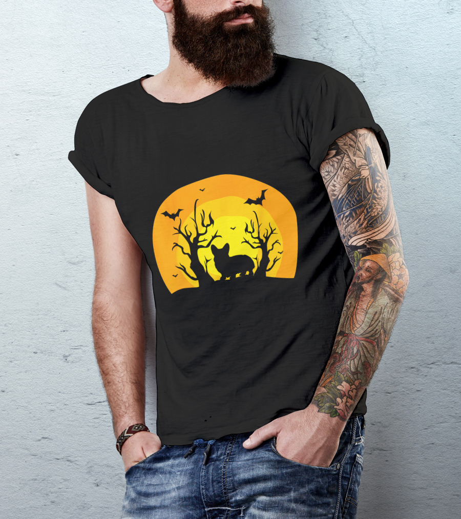 Corgi Dog Bat Halloween Silhouette With Moon And Trees T-Shirt