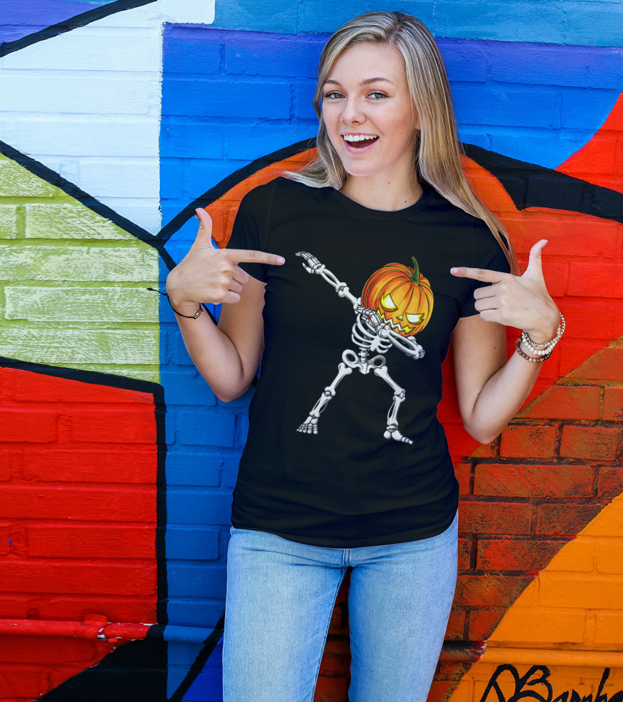 Halloween Dabbing Skeleton With Pumpkin Head T-Shirt