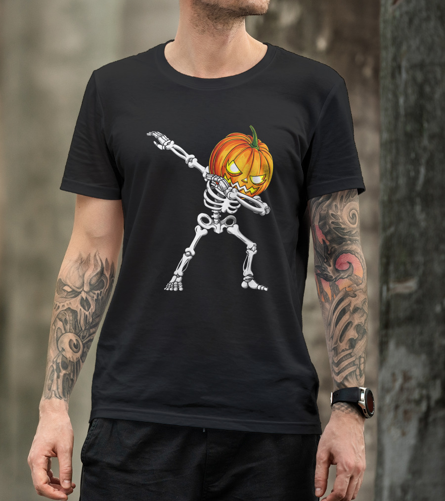 Halloween Dabbing Skeleton With Pumpkin Head T-Shirt