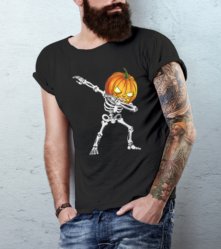 Halloween Dabbing Skeleton With Pumpkin Head T-Shirt