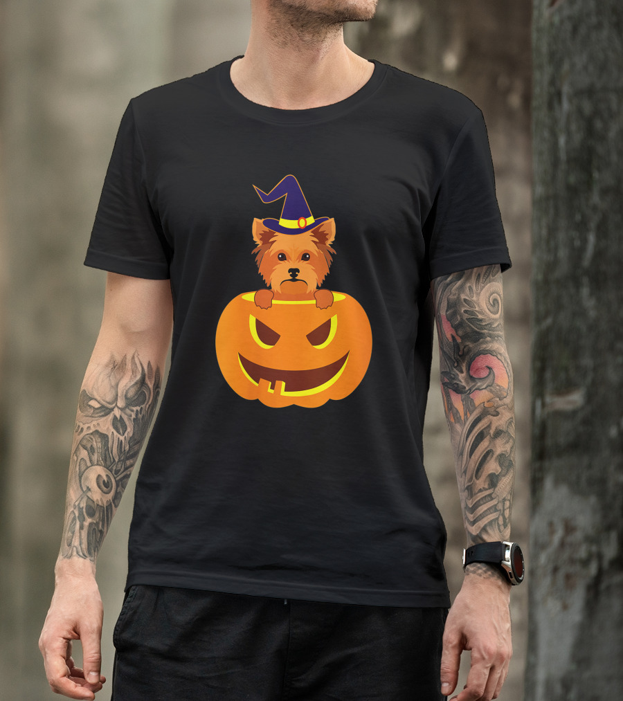 Yorkie Witch Hat Pumpkin Halloween Yorkshire Terrier T-Shirt