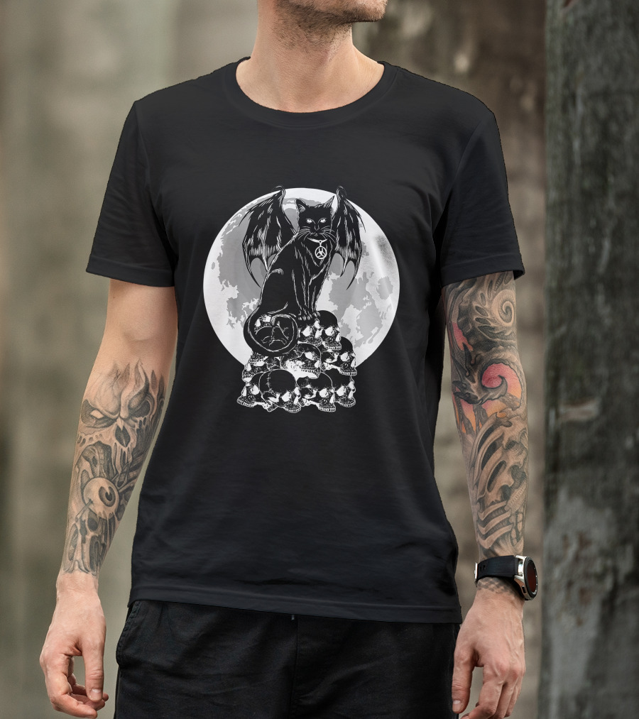 Halloween Cat Wings Skulls Moon Creepy Peace Sign T-Shirt