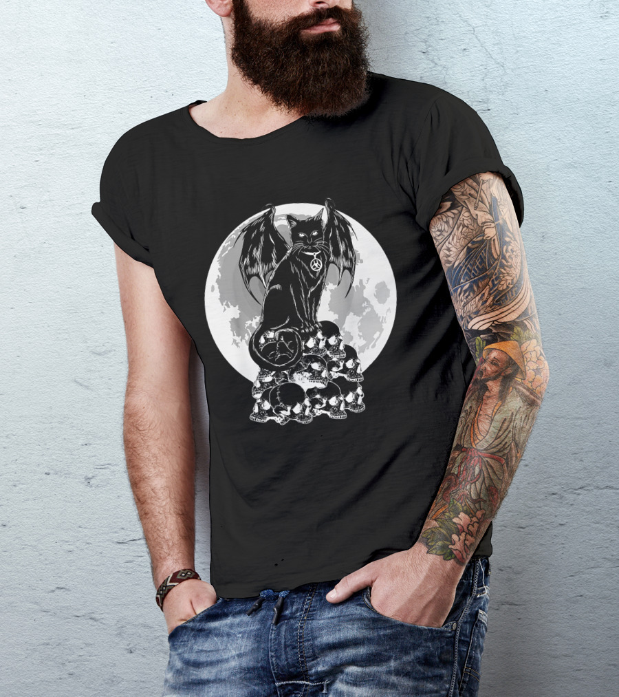 Halloween Cat Wings Skulls Moon Creepy Peace Sign T-Shirt