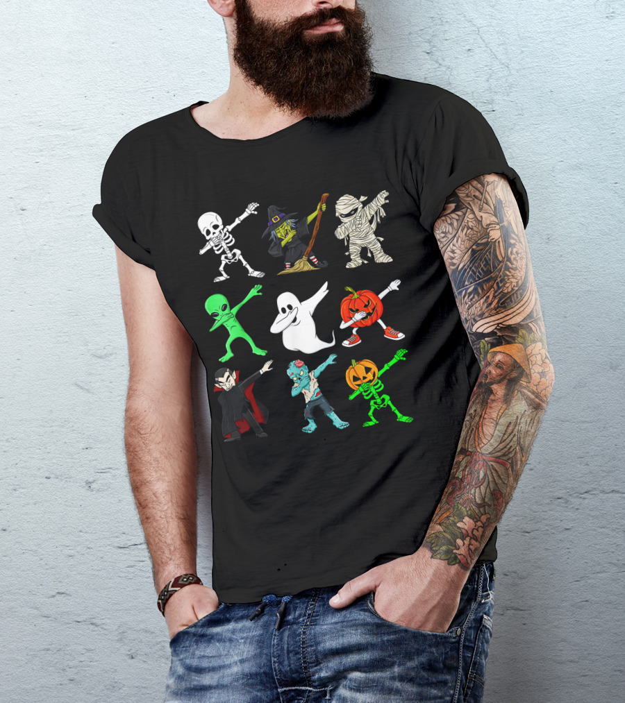 Halloween Dabbing Skeleton Witch Mummy Alien Ghost Pumpkin Vampire Zombie Monsters T-Shirt