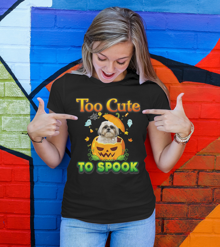 Too Cute To Spook Shih Tzu Dog In Pumpkin Halloween Ghost Leaves T-Shirt