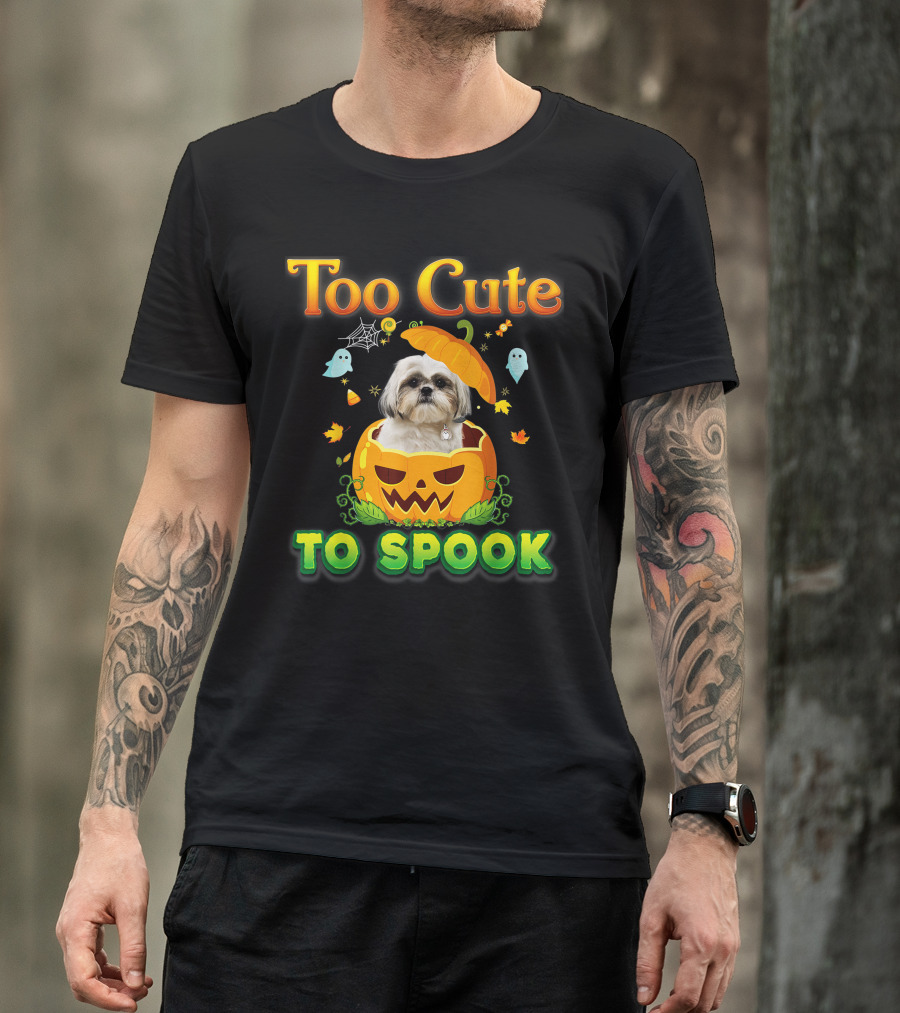 Too Cute To Spook Shih Tzu Dog In Pumpkin Halloween Ghost Leaves T-Shirt