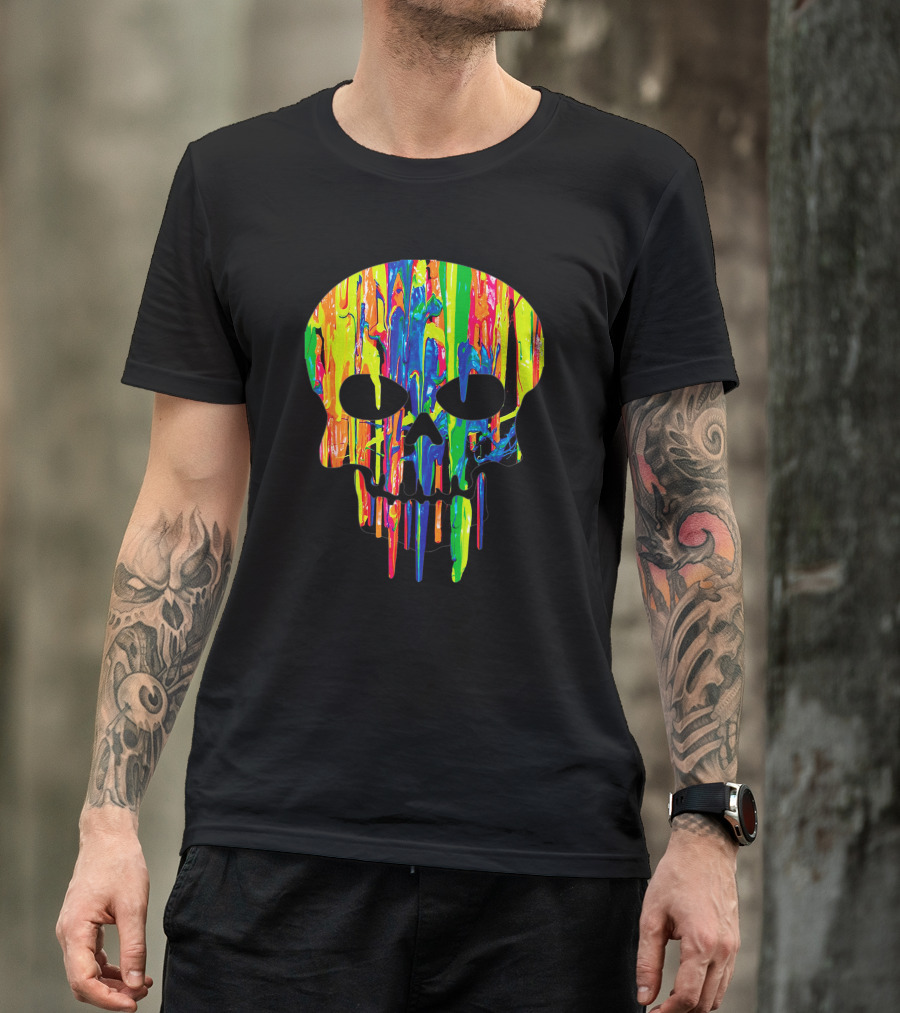 Colorful Melting Skull Cool Neon Drip Skull T-Shirt