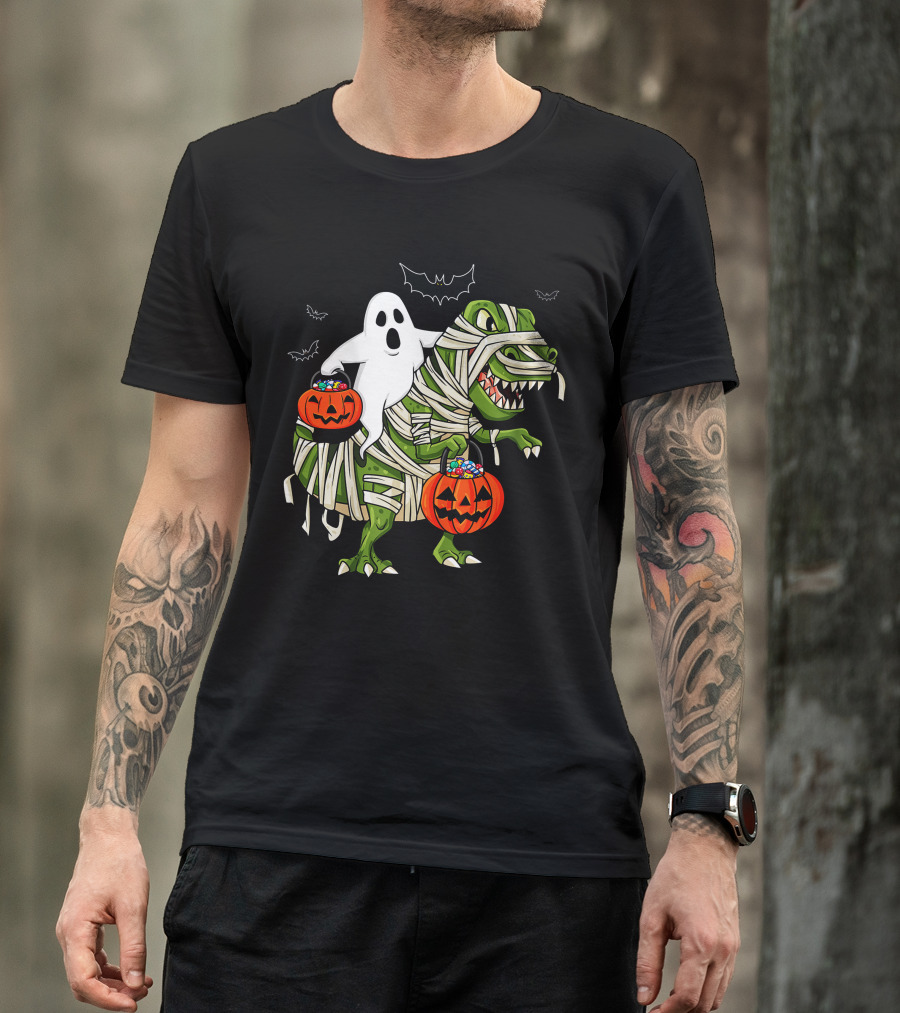 Ghost And Mummy T-Rex Halloween Candy Adventure T-Shirt
