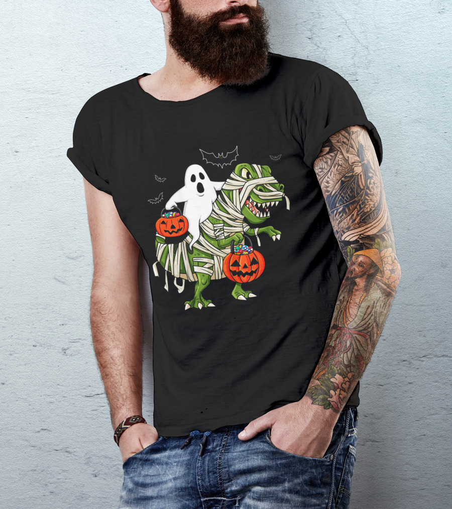 Ghost And Mummy T-Rex Halloween Candy Adventure T-Shirt