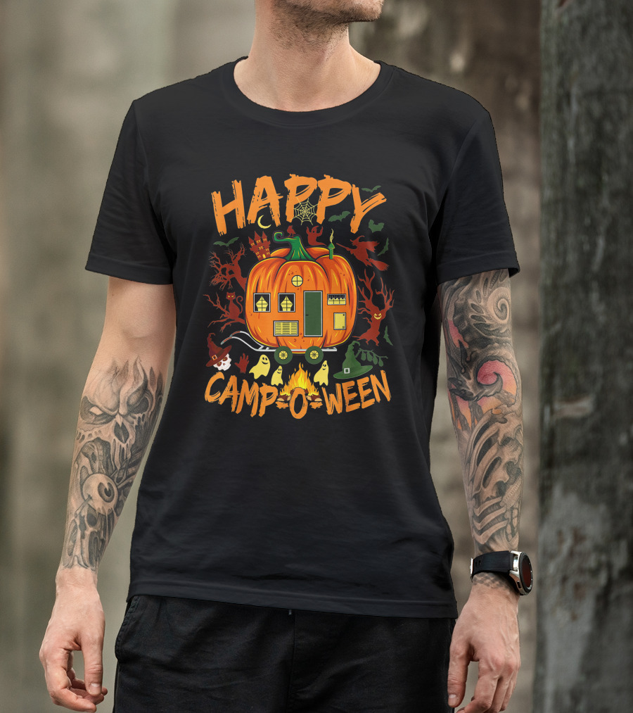 Happy Camp O Ween Funny Halloween Camping Camper Pumpkin Ghosts Witch Hat Spooky Fire T-Shirt