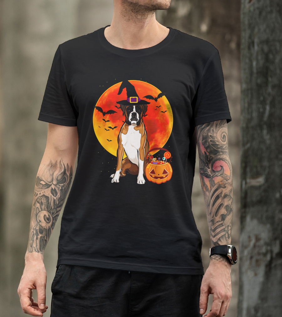 Boxer Dog With Witch Hat Pumpkin Full Moon Halloween Bats T-Shirt