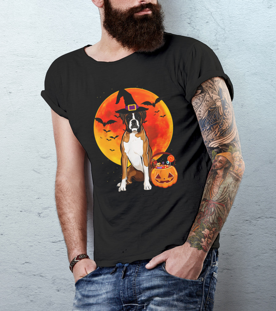 Boxer Dog With Witch Hat Pumpkin Full Moon Halloween Bats T-Shirt