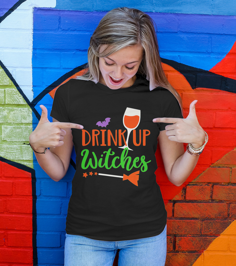 Drink Up Witches Halloween Vintage Family Wine Glass Broomstick Bat T-Shirt