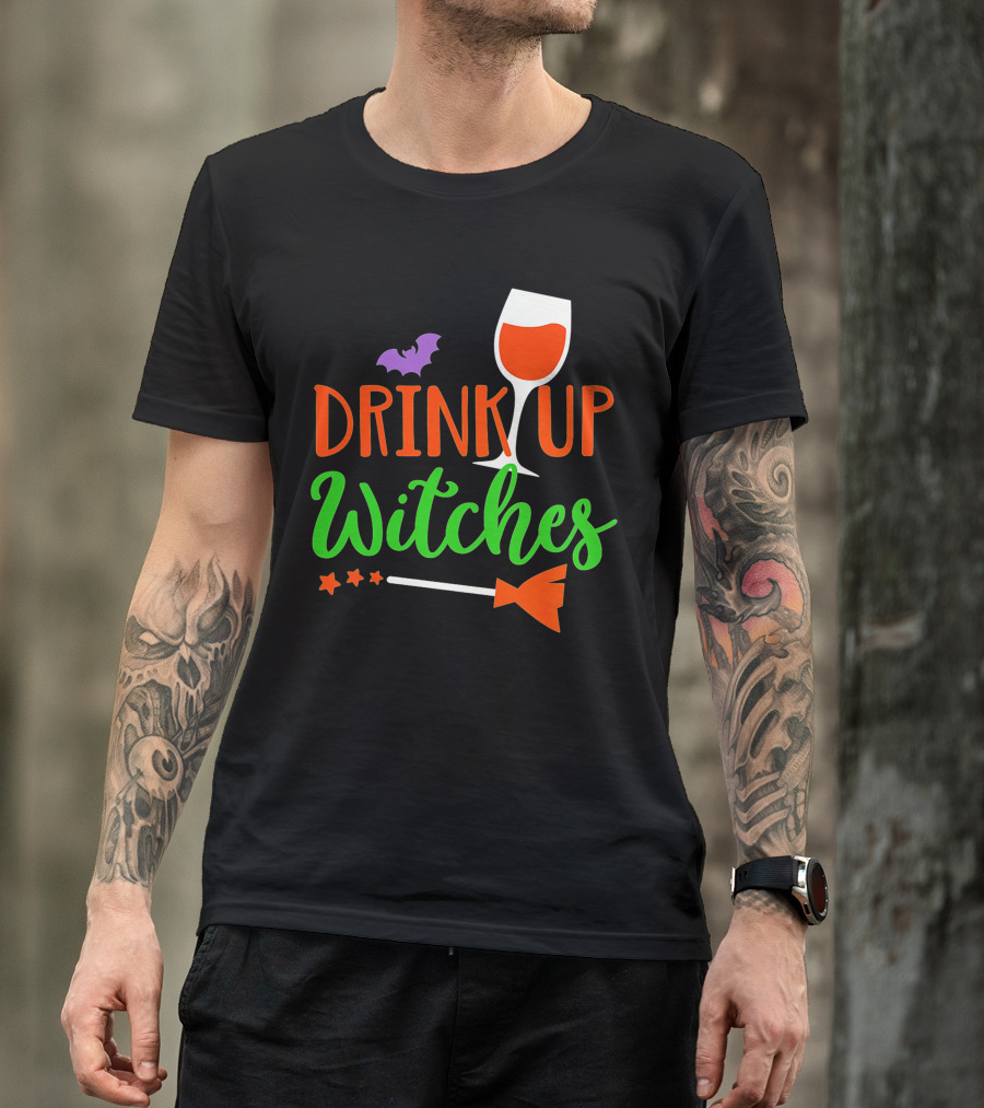 Drink Up Witches Halloween Vintage Family Wine Glass Broomstick Bat T-Shirt