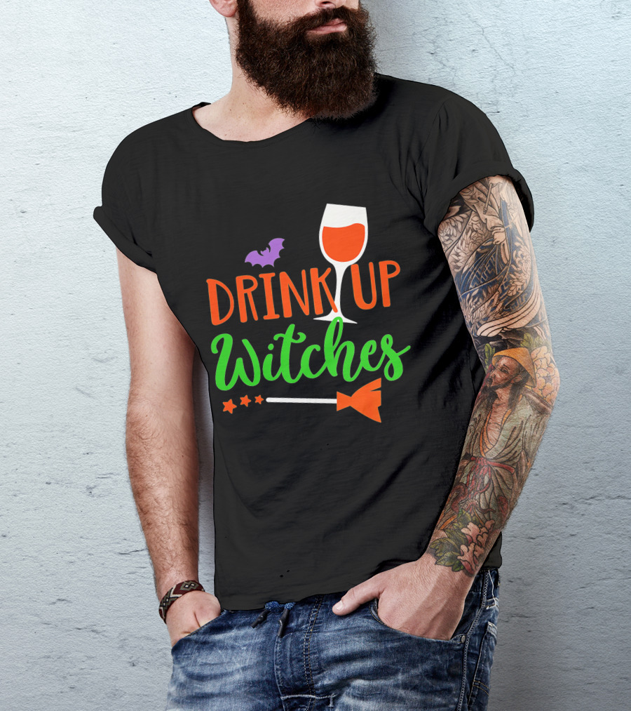 Drink Up Witches Halloween Vintage Family Wine Glass Broomstick Bat T-Shirt