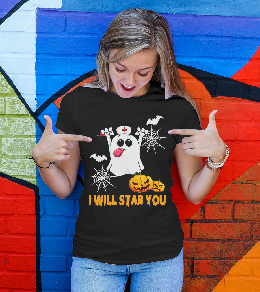 I Will Stab You Funny Nurse Ghost With Pumpkins And Bats T-Shirt