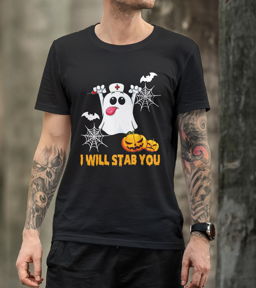 I Will Stab You Funny Nurse Ghost With Pumpkins And Bats T-Shirt