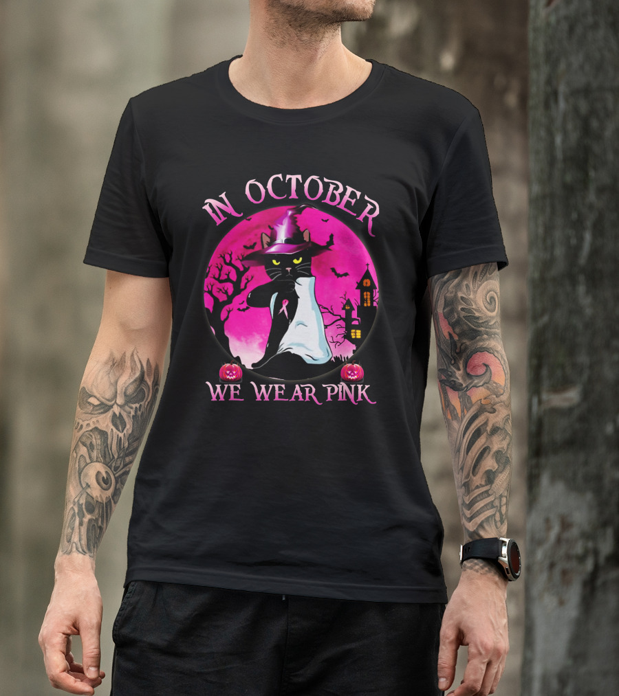 In October We Wear Pink Cat Halloween Pink Ribbon Moon Bats Jack O'Lanterns T-Shirt