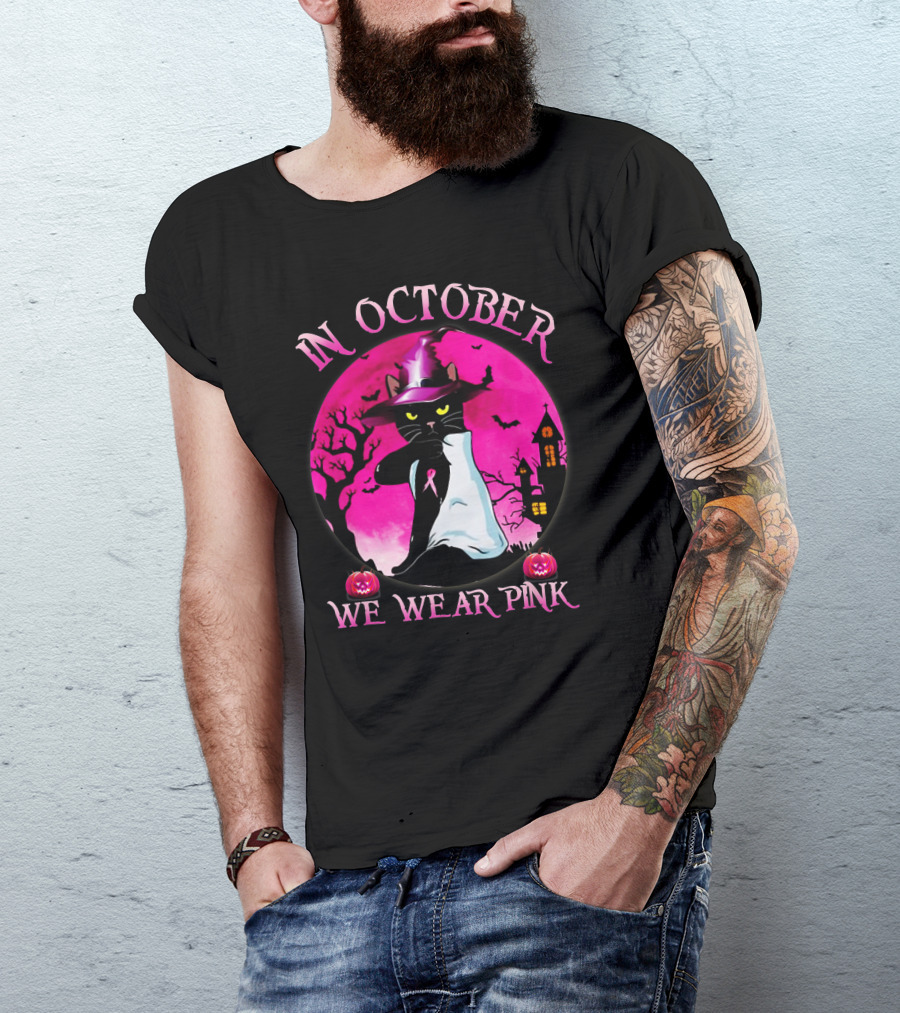 In October We Wear Pink Cat Halloween Pink Ribbon Moon Bats Jack O'Lanterns T-Shirt