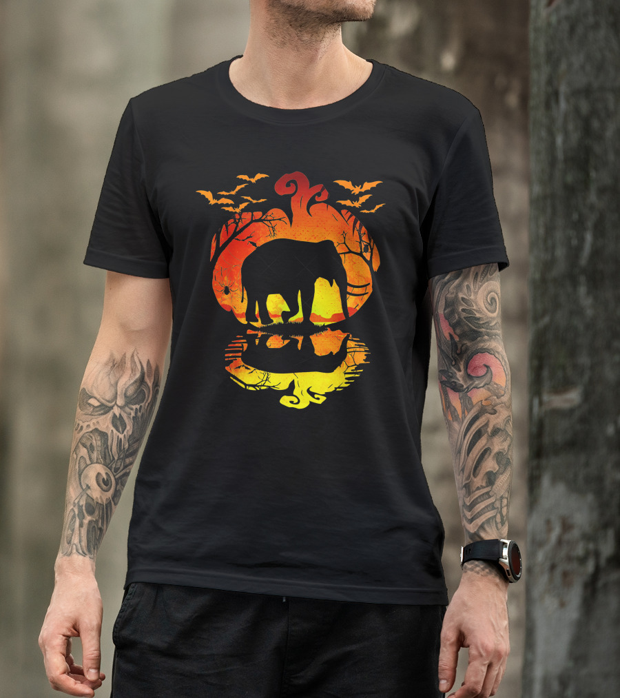 Elephant Silhouette Pumpkin Reflection With Bats And Trees T-Shirt
