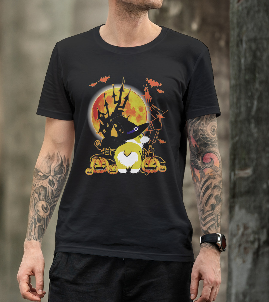 Corgi Dog Lovers Funny Dog Halloween Witch Moon Pumpkins Haunted House Bats T-Shirt