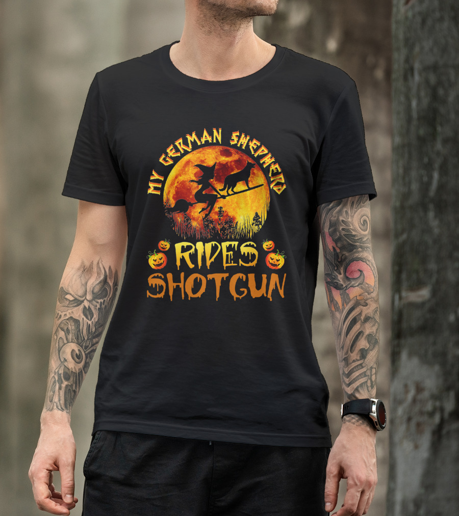 My German Shepherd Rides Shotgun Witch Halloween Pumpkins Moon T-Shirt